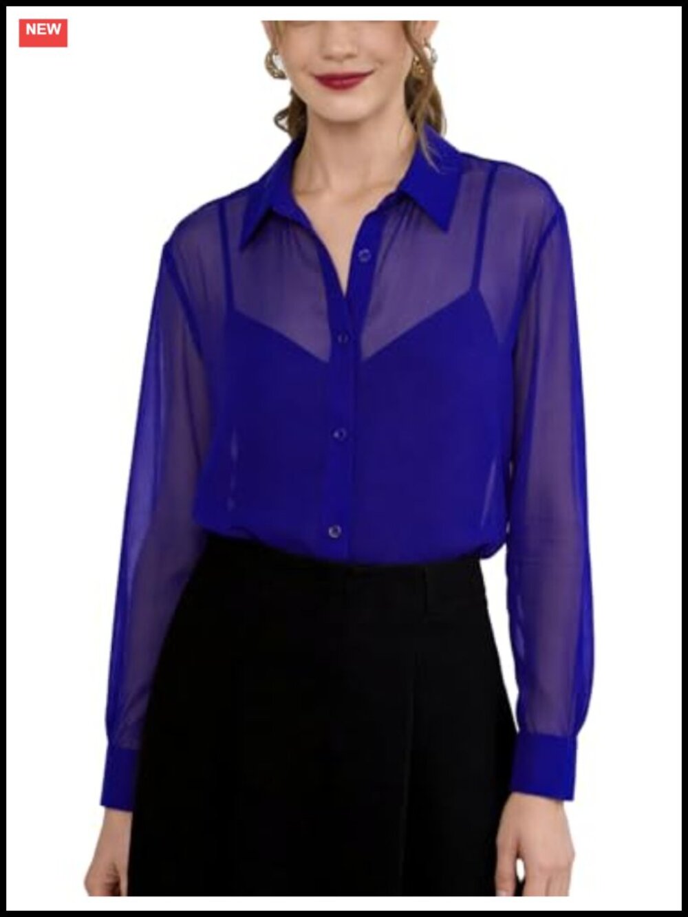Sheer Chiffon Long Sleeve Button Down Blouse Oversized